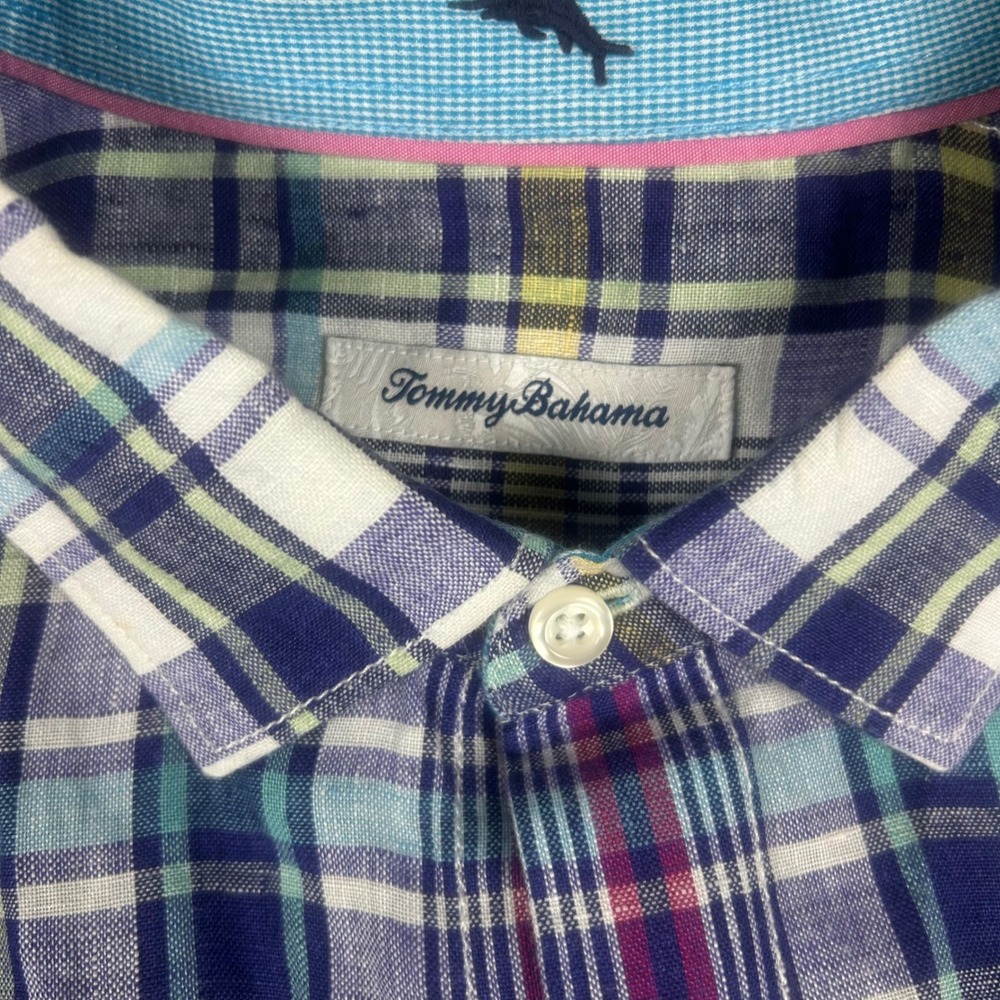 Tommy Bahama Mens 100% Linen 3XL Plaid Button Front Shirt Blue Purple ST324715 - Picture 4 of 7